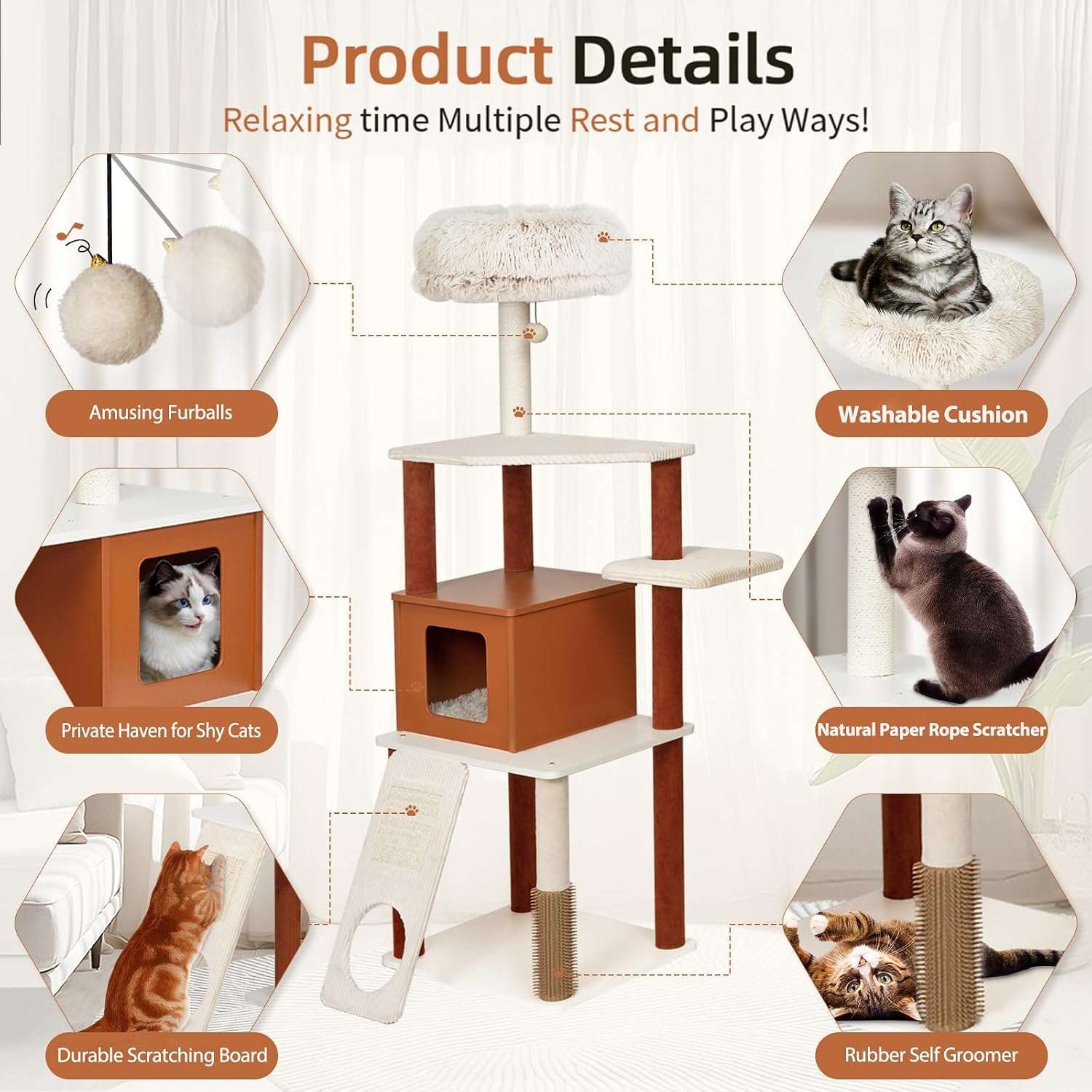 Torre rascador de 160 centimetros con rampa de acceso y condominio. Base ancha de 57 por 45 cm y estable para 4 gatos.