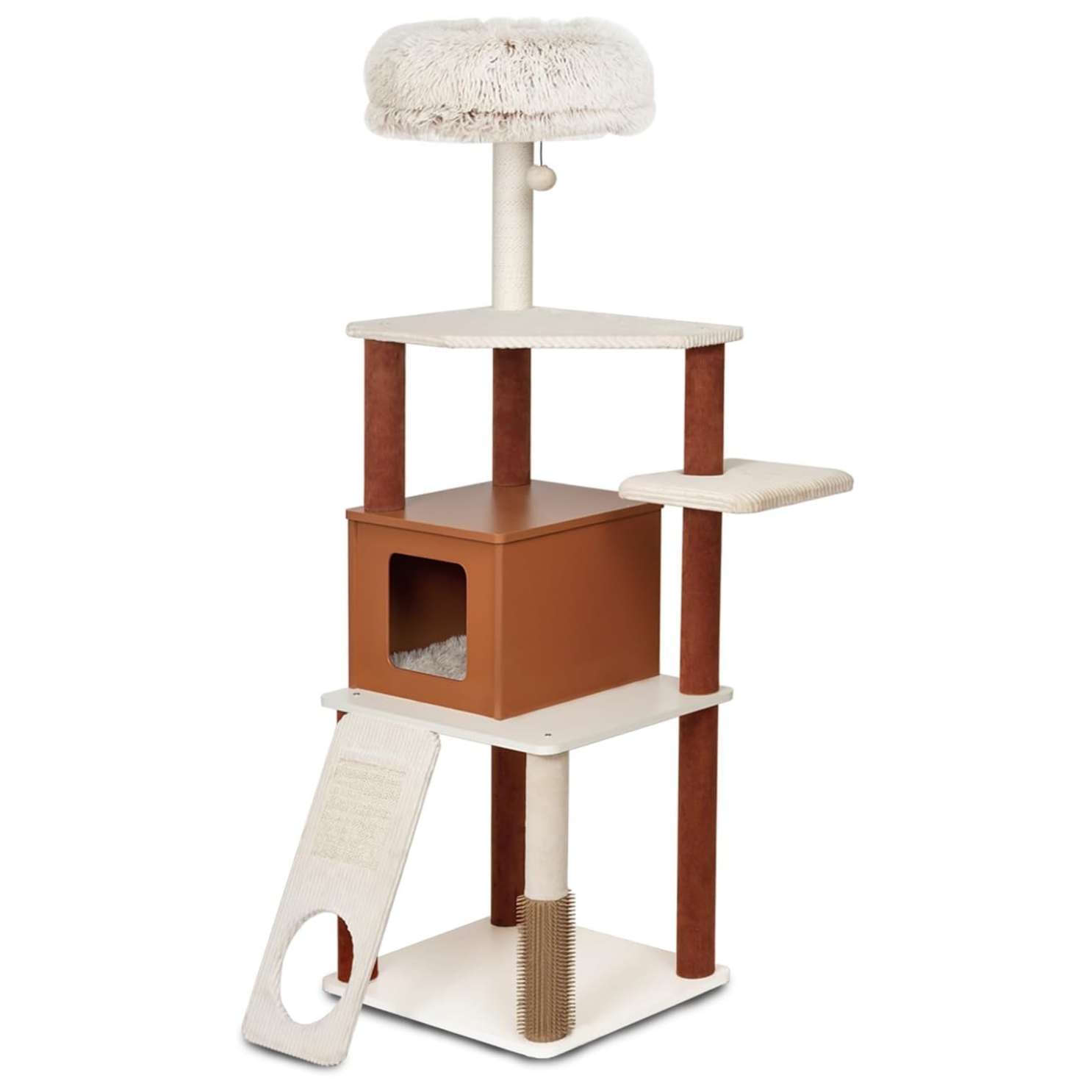 Torre rascador de 160 centimetros con rampa de acceso y condominio. Base ancha de 57 por 45 cm y estable para 4 gatos.