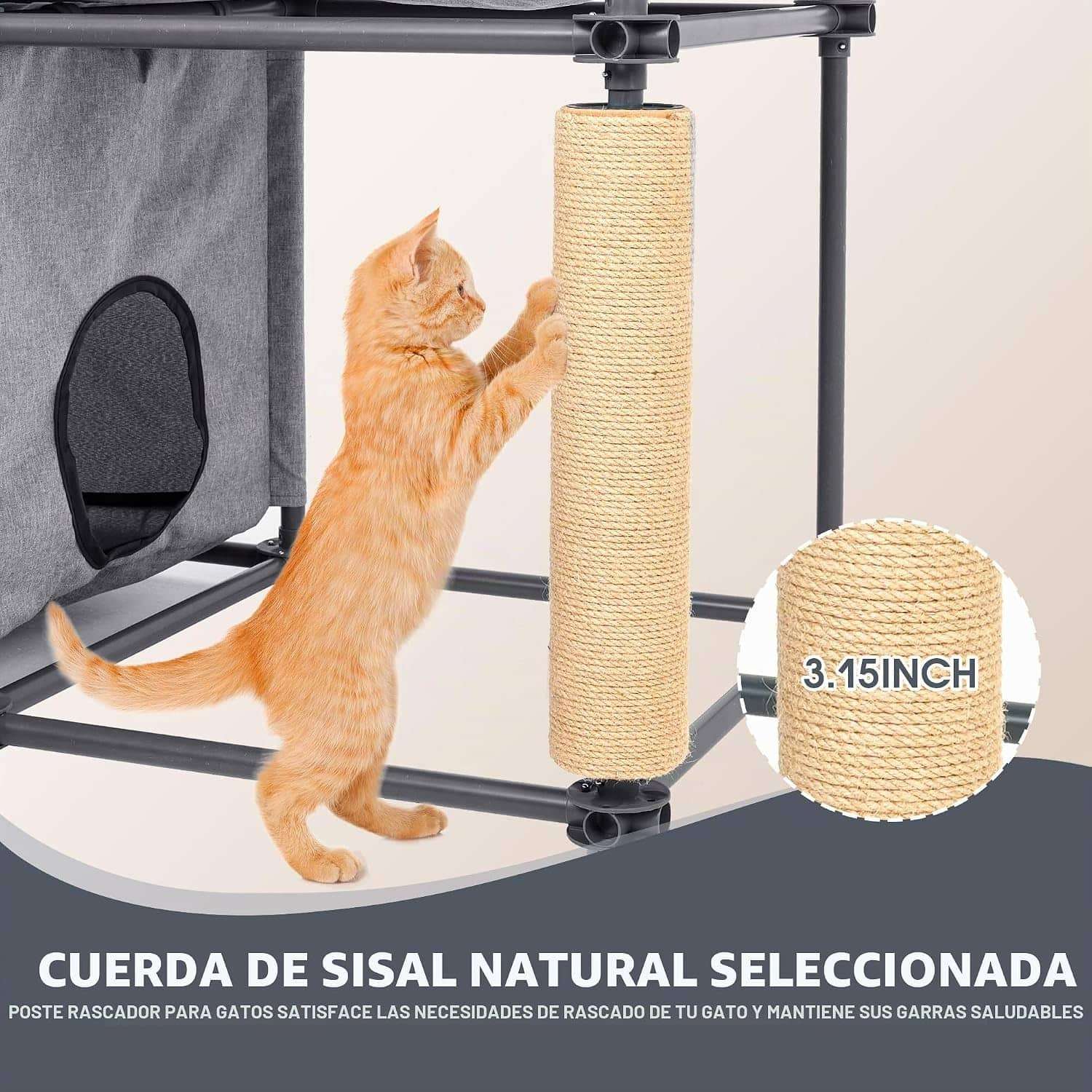 Torre rascador de 138 centimetros con base amplia de 90x90 cm. Estructura de PVC y casa de malla transpirable para gatos.