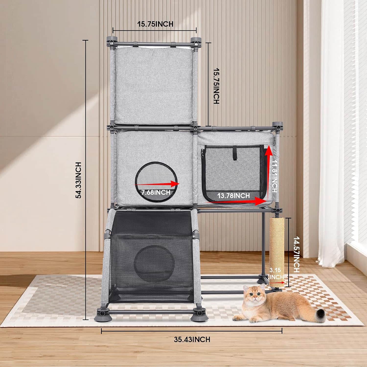 Torre rascador de 138 centimetros con base amplia de 90x90 cm. Estructura de PVC y casa de malla transpirable para gatos.