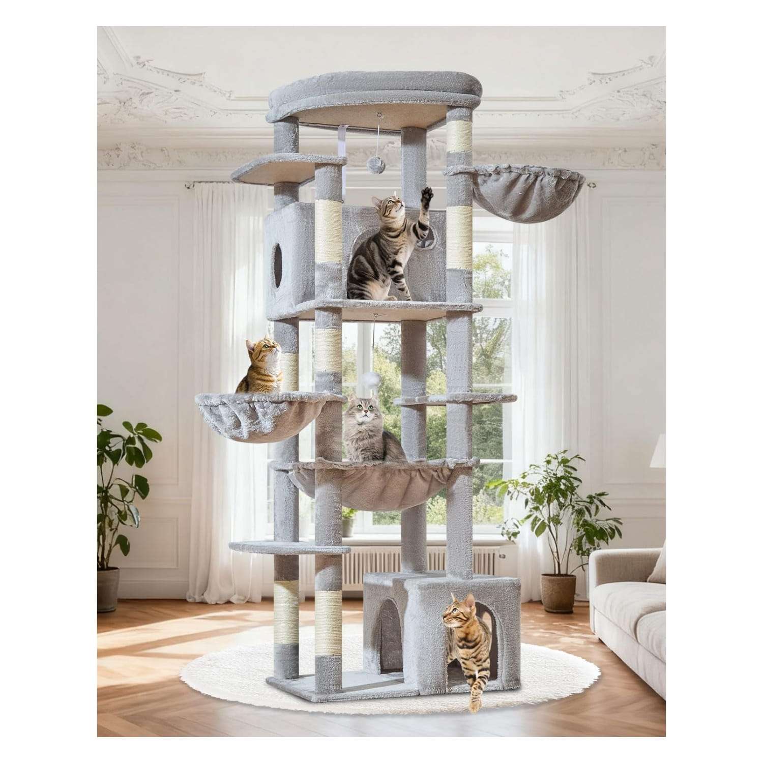 Torre rascador de gran tamaño (ciento ochenta y tres centimetros) con doble condominio. Base firme anti-sacudidas para gatos grandes.