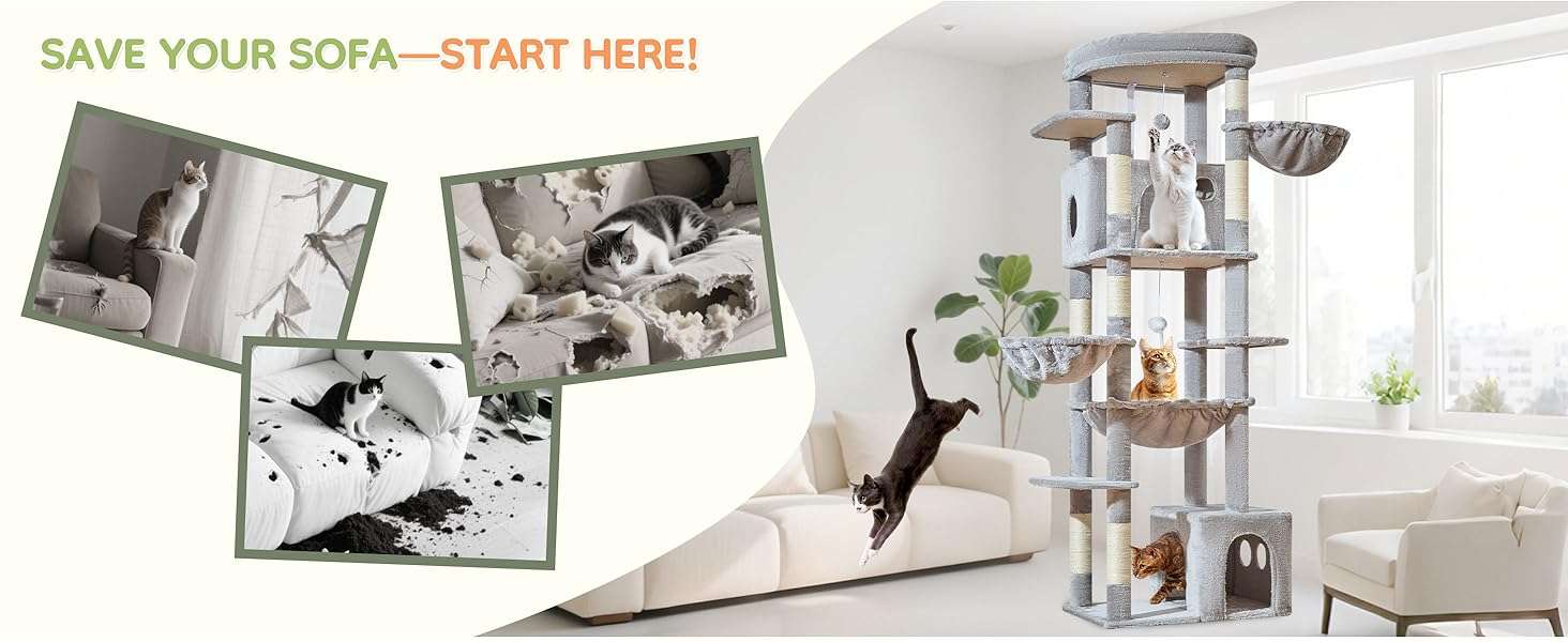 Torre rascador de gran tamaño (ciento ochenta y tres centimetros) con doble condominio. Base firme anti-sacudidas para gatos grandes.