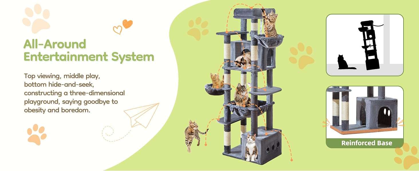 Torre rascador de gran tamaño (ciento ochenta y tres centimetros) con doble condominio. Base firme anti-sacudidas para gatos grandes.