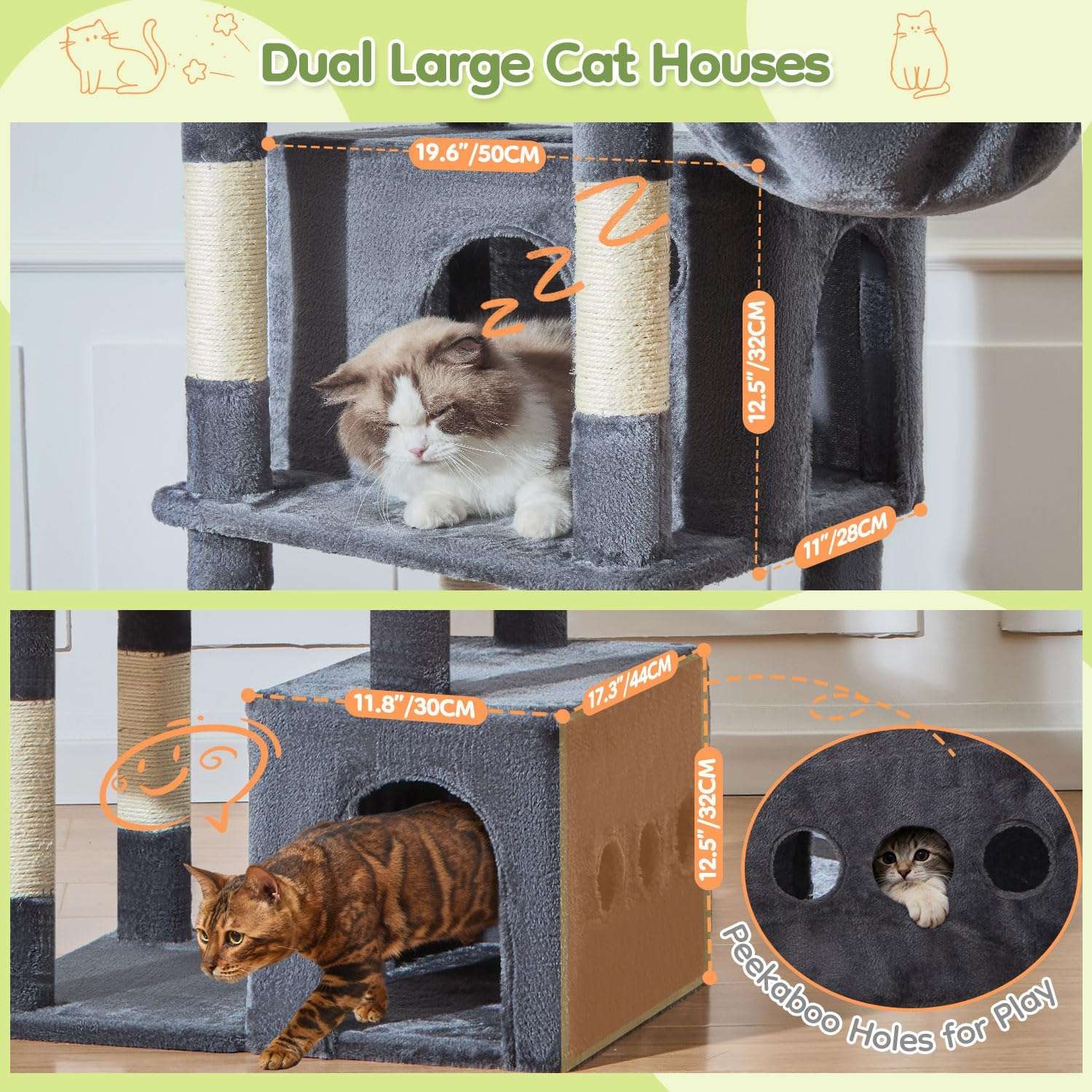 Torre rascador de gran tamaño (ciento ochenta y tres centimetros) con doble condominio. Base firme anti-sacudidas para gatos grandes.