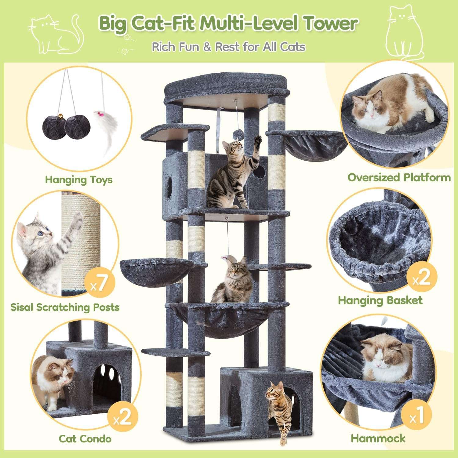 Torre rascador de gran tamaño (ciento ochenta y tres centimetros) con doble condominio. Base firme anti-sacudidas para gatos grandes.