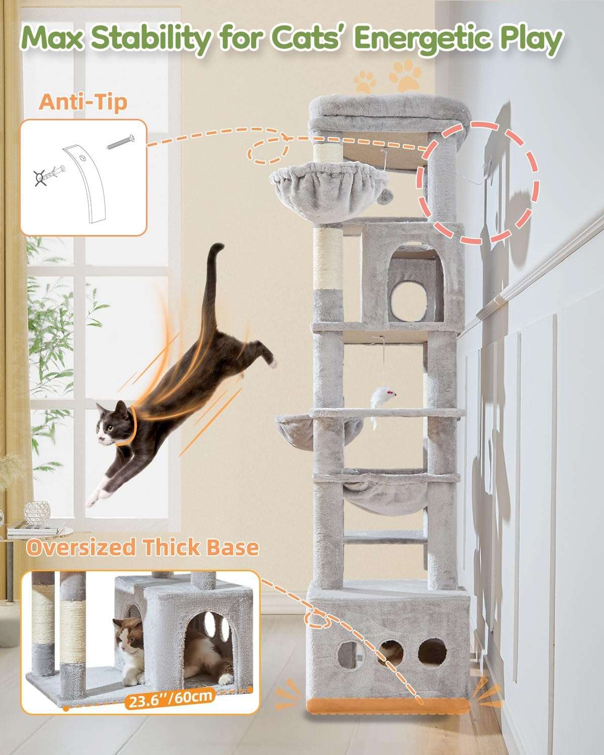 Torre rascador de gran tamaño (ciento ochenta y tres centimetros) con doble condominio. Base firme anti-sacudidas para gatos grandes.