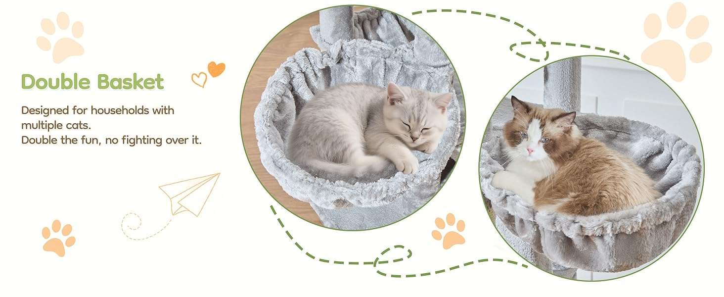 Torre rascador de gran tamaño (ciento ochenta y tres centimetros) con doble condominio. Base firme anti-sacudidas para gatos grandes.