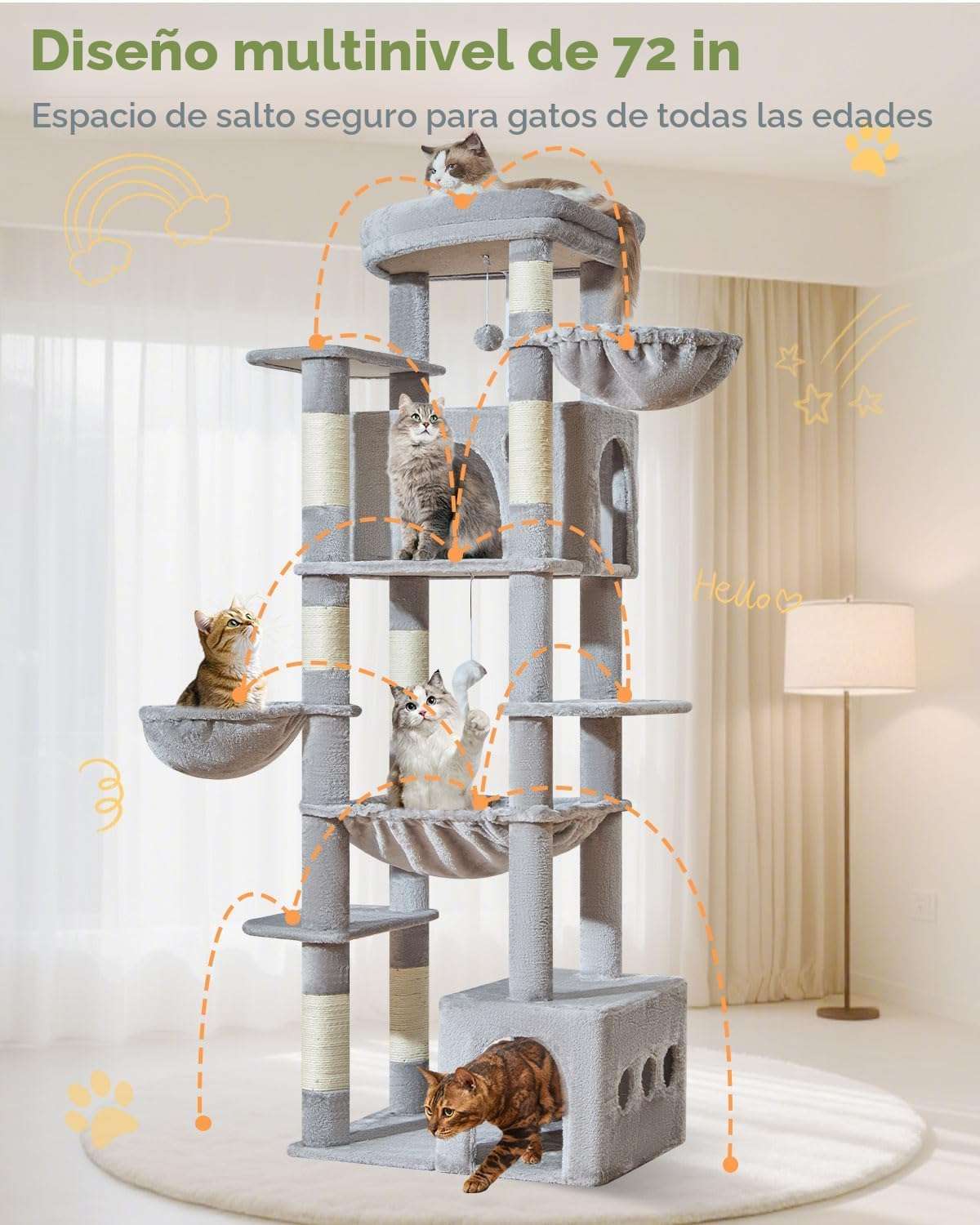 Torre rascador de gran tamaño (ciento ochenta y tres centimetros) con doble condominio. Base firme anti-sacudidas para gatos grandes.