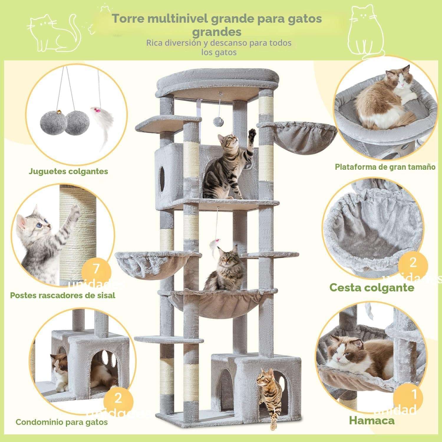 Torre rascador de gran tamaño (ciento ochenta y tres centimetros) con doble condominio. Base firme anti-sacudidas para gatos grandes.