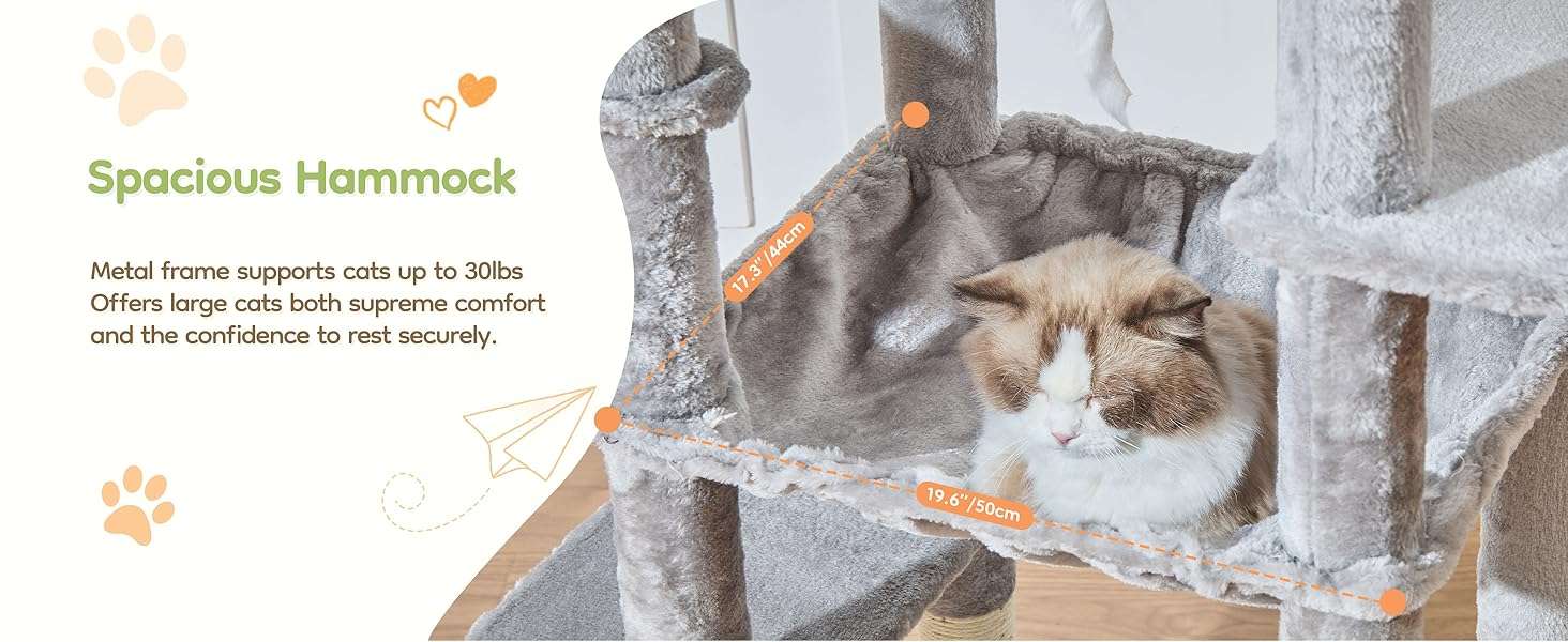 Torre rascador de gran tamaño (ciento ochenta y tres centimetros) con doble condominio. Base firme anti-sacudidas para gatos grandes.