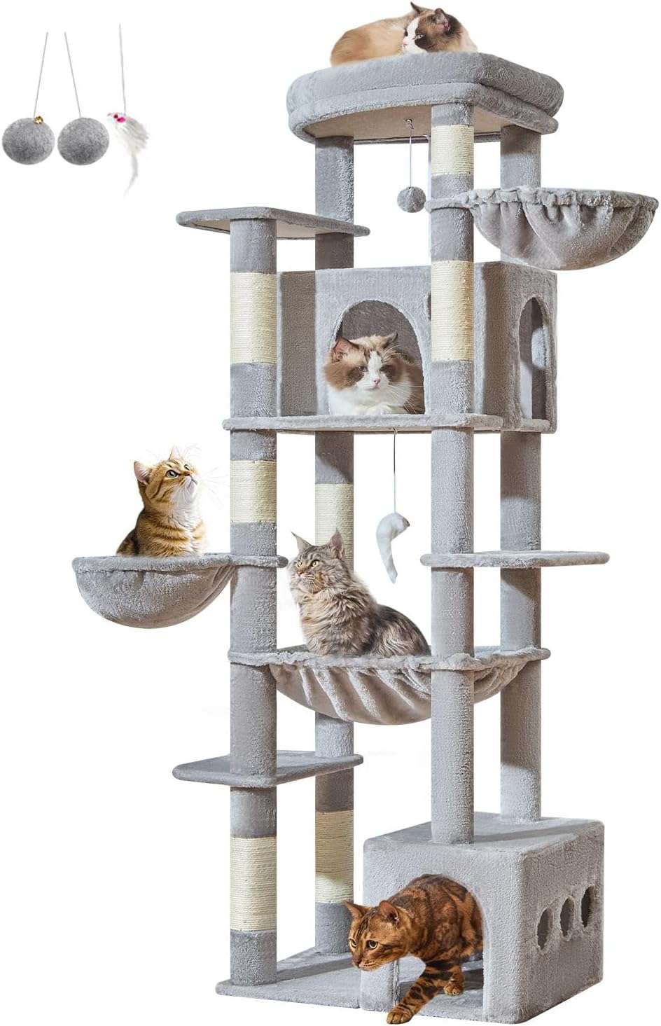 Torre rascador de gran tamaño (ciento ochenta y tres centimetros) con doble condominio. Base firme anti-sacudidas para gatos grandes.