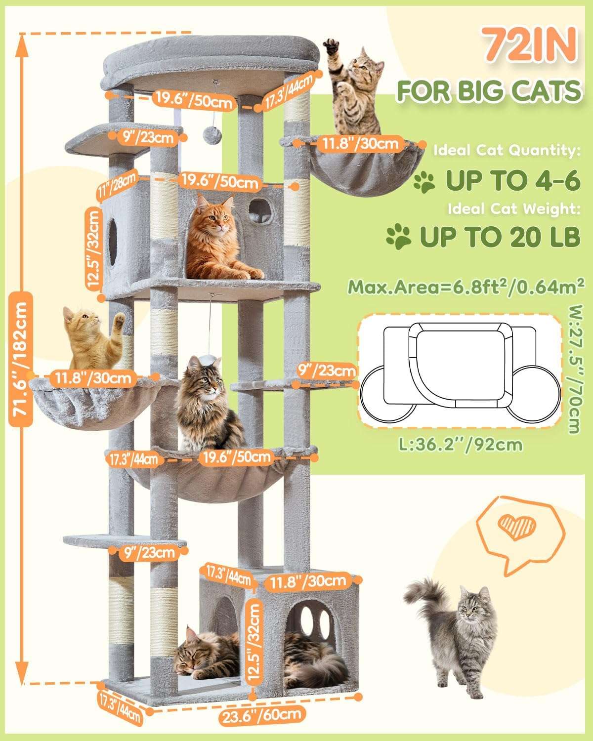 Torre rascador de gran tamaño (ciento ochenta y tres centimetros) con doble condominio. Base firme anti-sacudidas para gatos grandes.