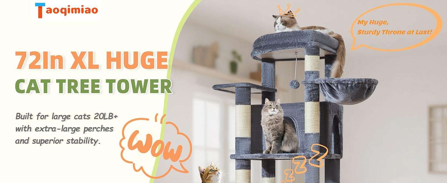 Torre rascador de gran tamaño (ciento ochenta y tres centimetros) con doble condominio. Base firme anti-sacudidas para gatos grandes.