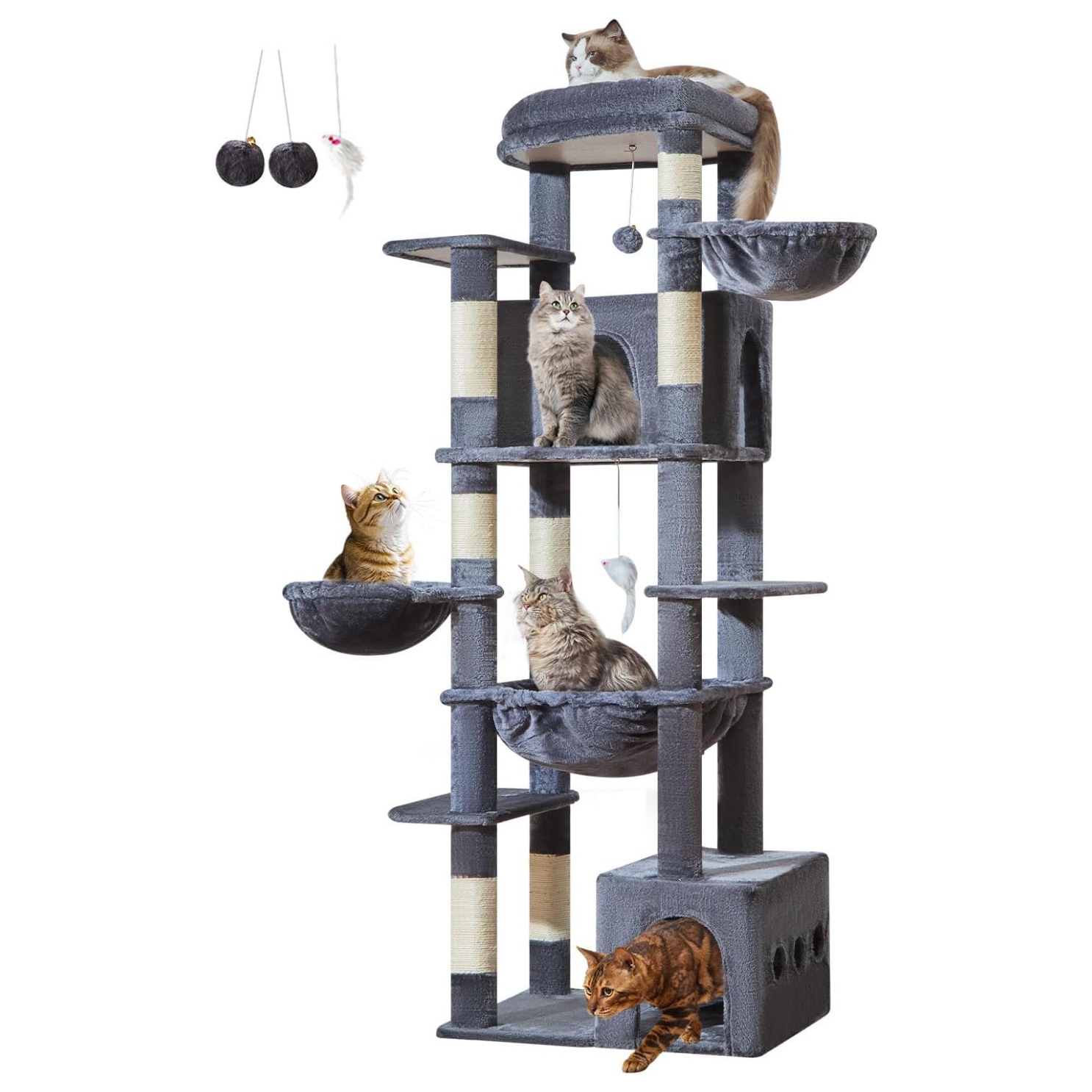 Torre rascador de gran tamaño (ciento ochenta y tres centimetros) con doble condominio. Base firme anti-sacudidas para gatos grandes.