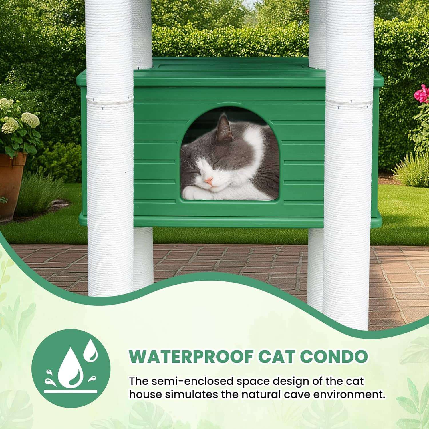 Torre rascador impermeable para gatos con diseno botanico para jardines y exteriores.