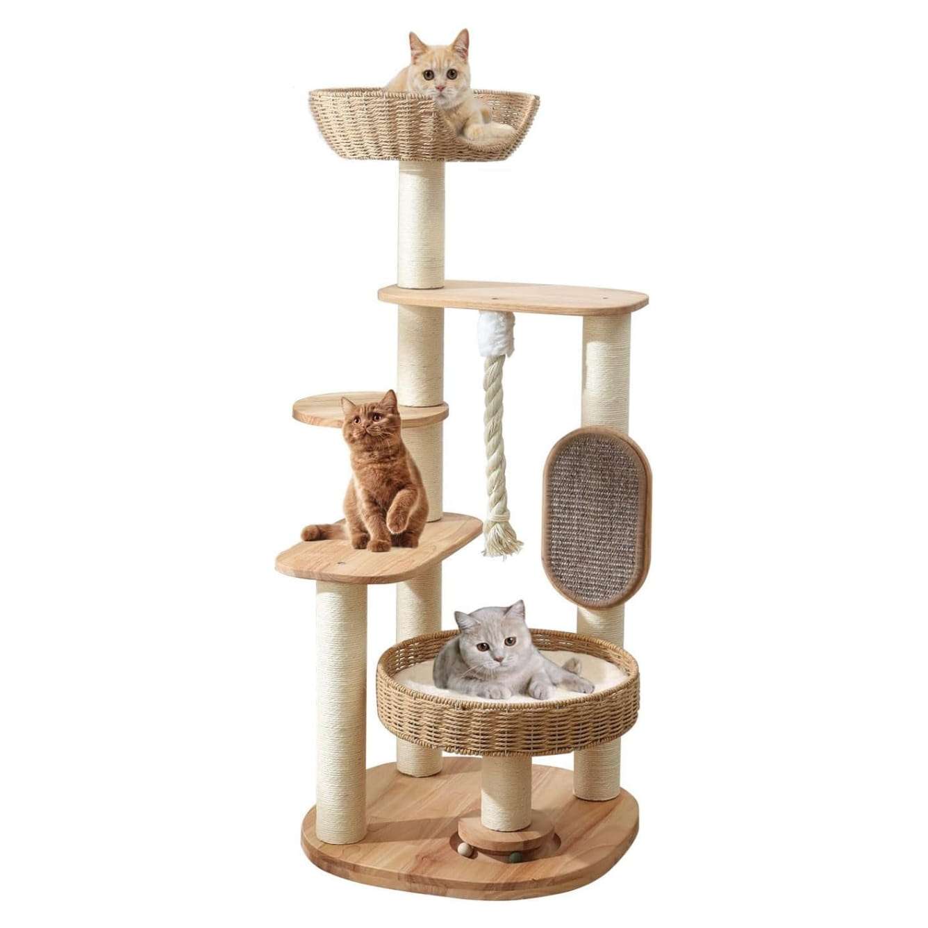 Torre rascador de madera de 126 cm con nido de ratán y dos camas grandes. Base 55 por 55 cm. Estabilidad sólida para gatos grandes.