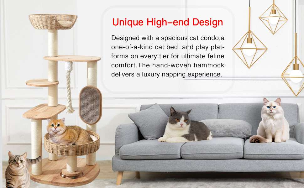 Torre rascador de madera de 126 cm con nido de ratán y dos camas grandes. Base 55 por 55 cm. Estabilidad sólida para gatos grandes.