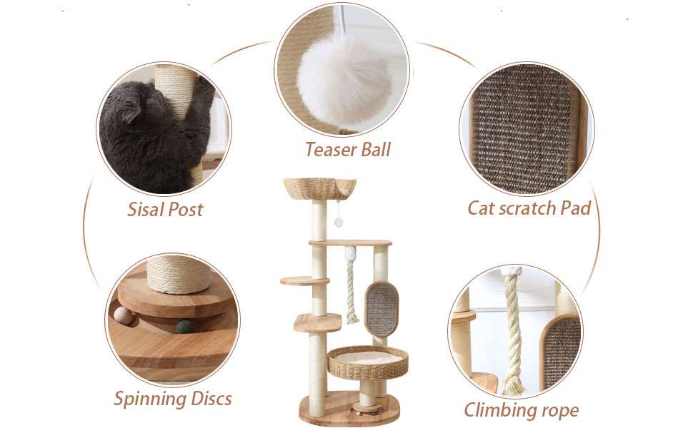 Torre rascador de madera de 126 cm con nido de ratán y dos camas grandes. Base 55 por 55 cm. Estabilidad sólida para gatos grandes.