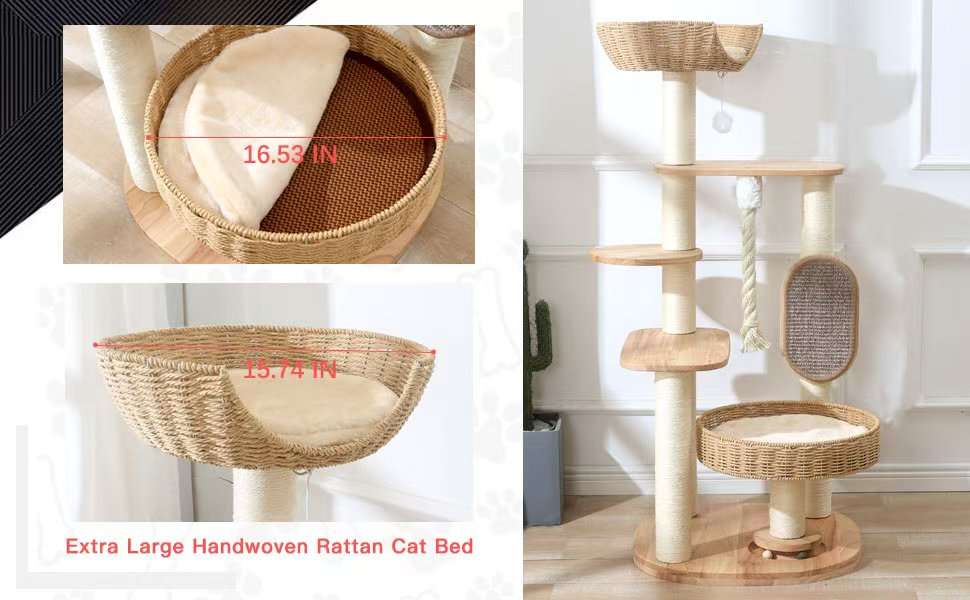 Torre rascador de madera de 126 cm con nido de ratán y dos camas grandes. Base 55 por 55 cm. Estabilidad sólida para gatos grandes.