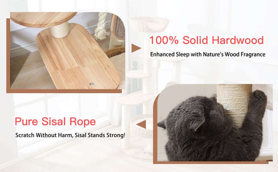 Torre rascador de madera de 126 cm con nido de ratán y dos camas grandes. Base 55 por 55 cm. Estabilidad sólida para gatos grandes.