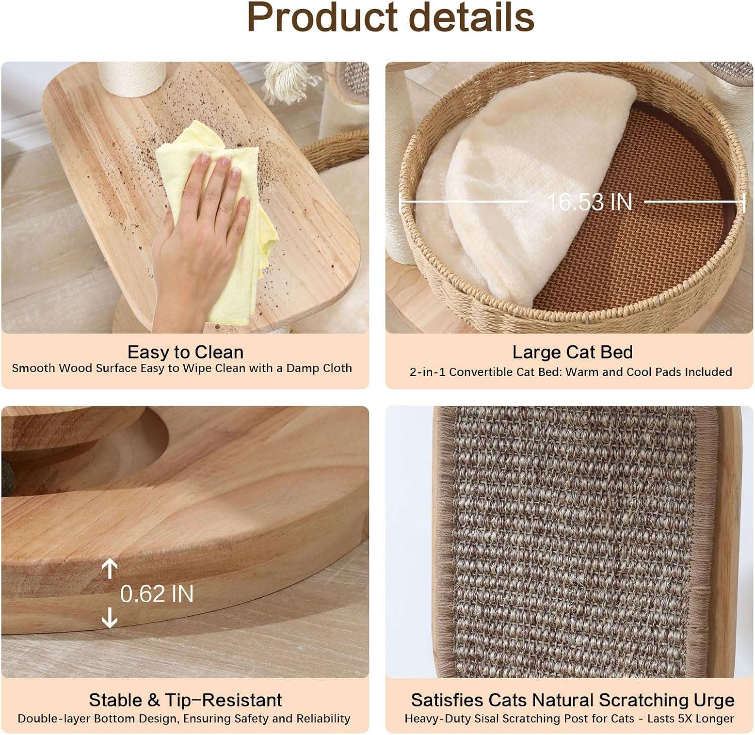 Torre rascador de madera de 126 cm con nido de ratán y dos camas grandes. Base 55 por 55 cm. Estabilidad sólida para gatos grandes.