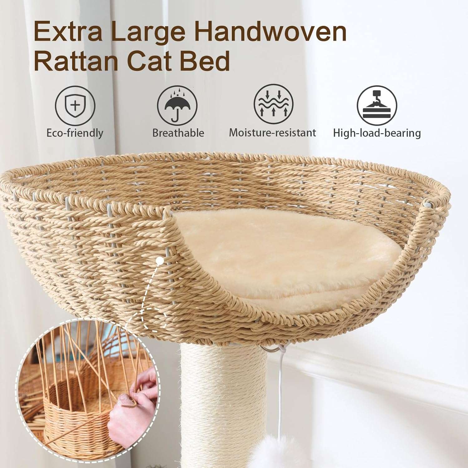 Torre rascador de madera de 126 cm con nido de ratán y dos camas grandes. Base 55 por 55 cm. Estabilidad sólida para gatos grandes.