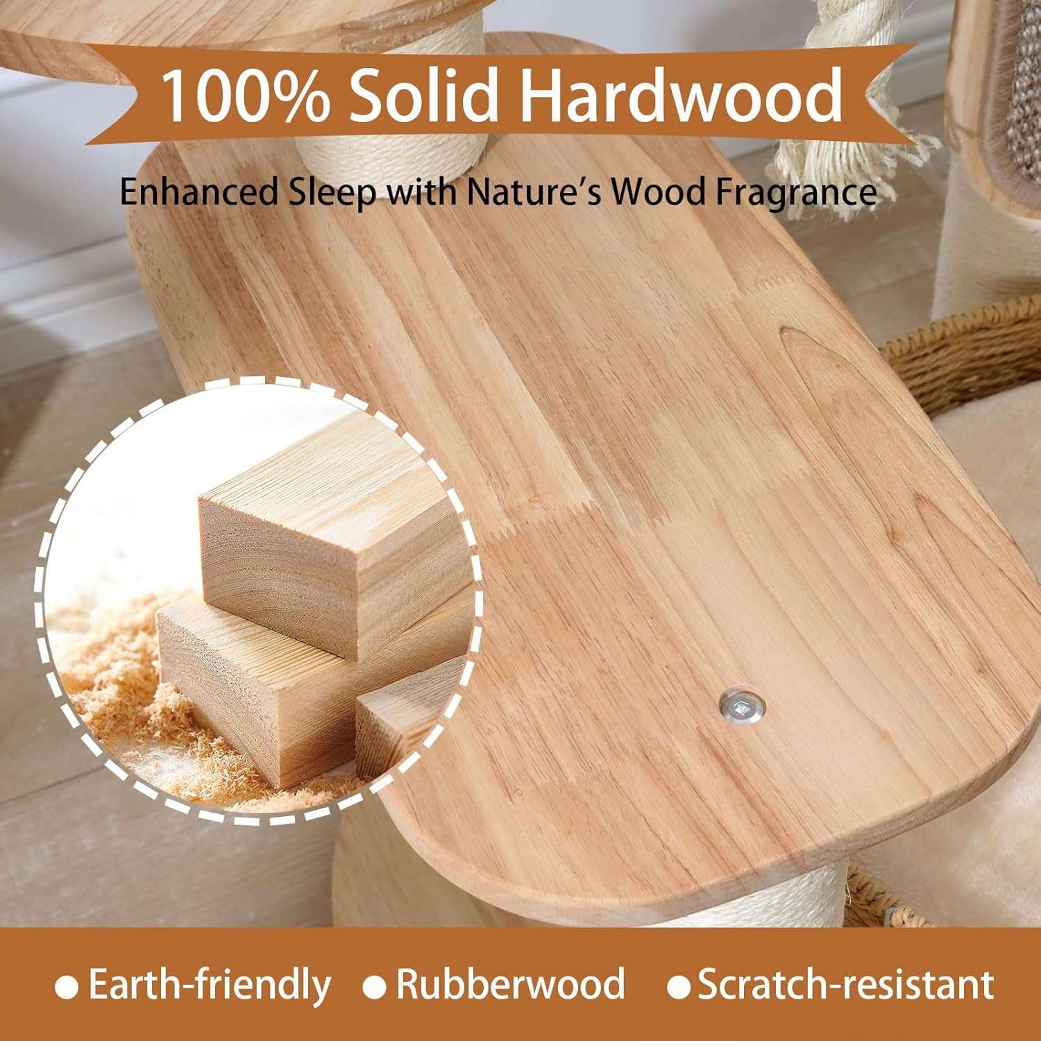 Torre rascador de madera de 126 cm con nido de ratán y dos camas grandes. Base 55 por 55 cm. Estabilidad sólida para gatos grandes.