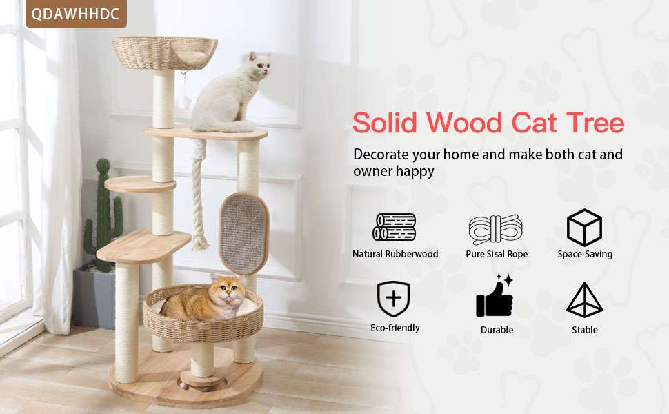 Torre rascador de madera de 126 cm con nido de ratán y dos camas grandes. Base 55 por 55 cm. Estabilidad sólida para gatos grandes.