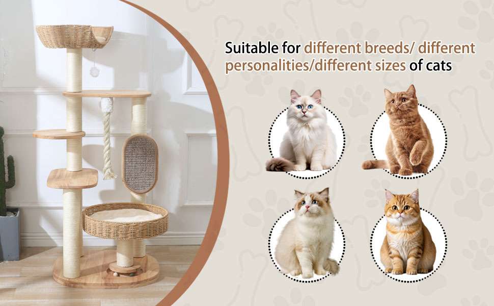 Torre rascador de madera de 126 cm con nido de ratán y dos camas grandes. Base 55 por 55 cm. Estabilidad sólida para gatos grandes.