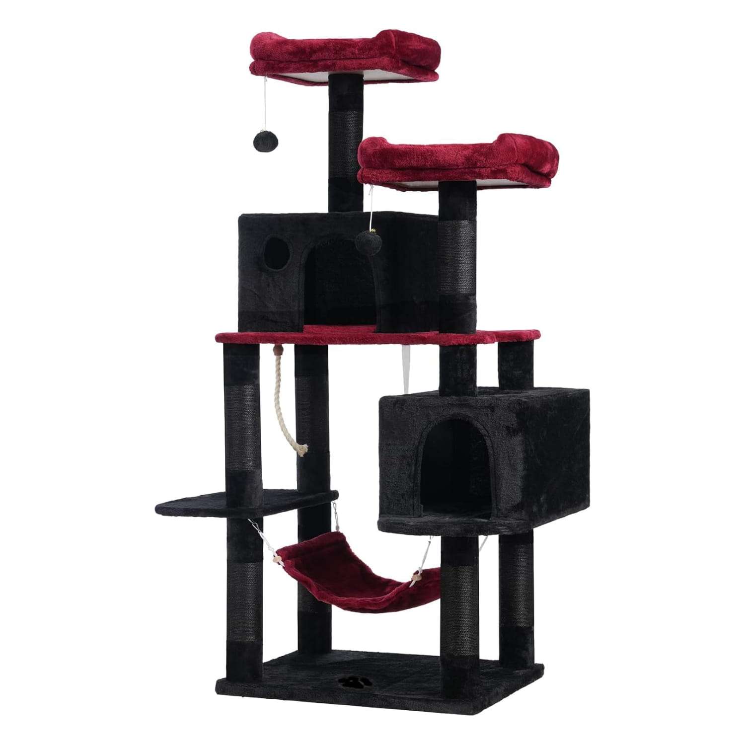 Torre rascador multi-nivel (155 cm) con 2 condominios, hamaca y sisal natural. Doble seguridad anti-caída para gatos grandes.