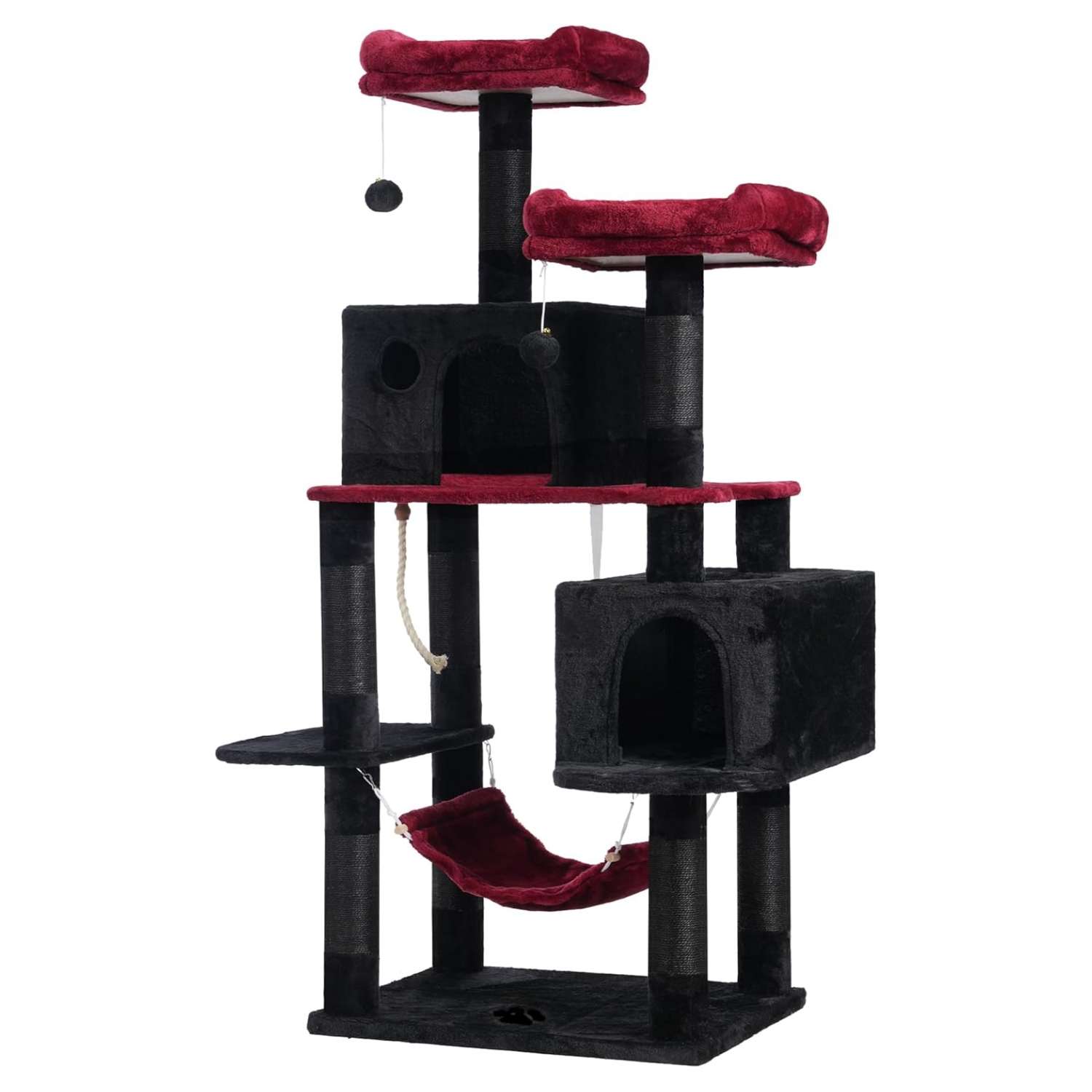 Torre rascador multi-nivel (155 cm) con 2 condominios, hamaca y sisal natural. Doble seguridad anti-caída para gatos grandes.