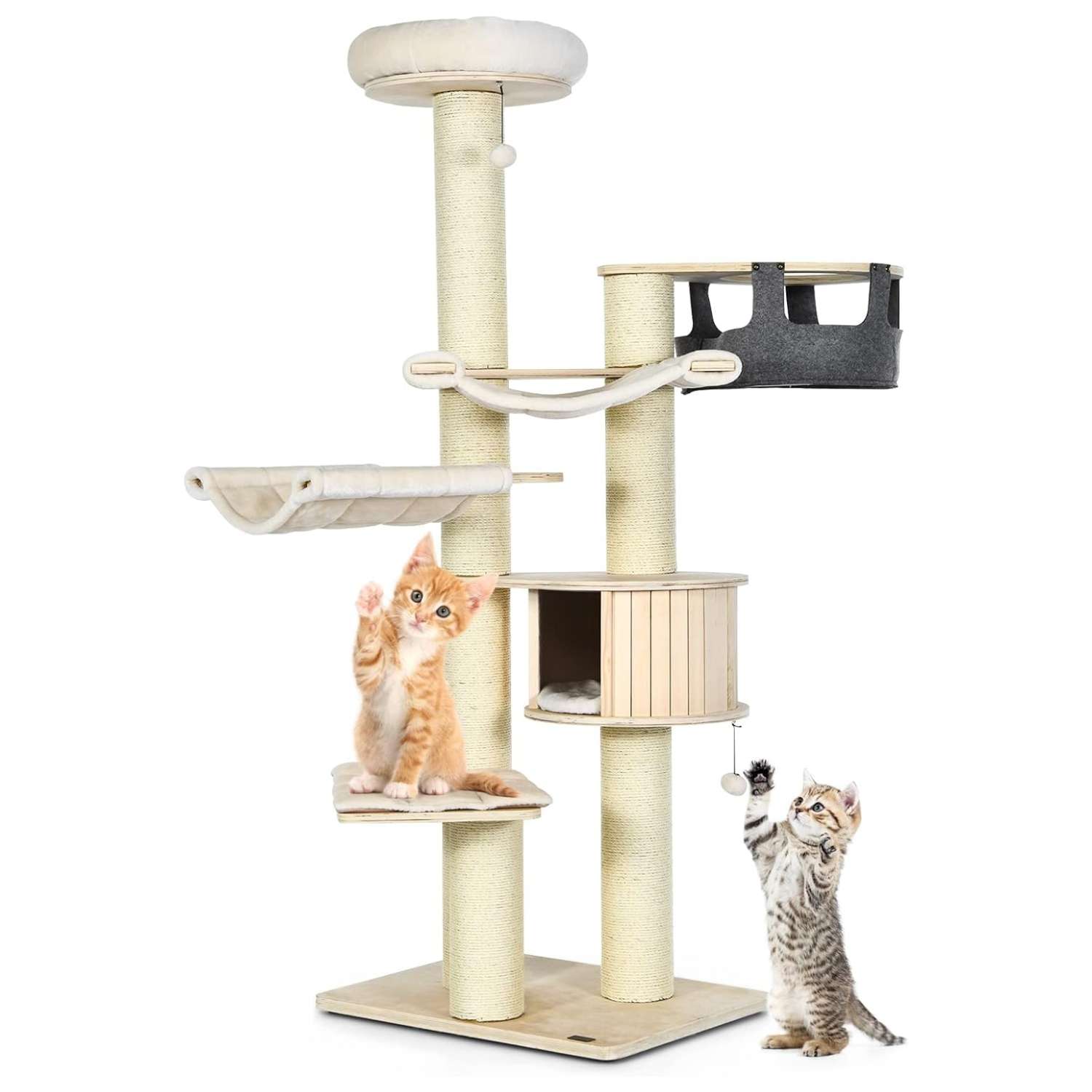 Torre rascador de lujo (ciento noventa y siete centimetros) con cojines extraibles. Estructura robusta para gatos grandes con sisal y hamaca.