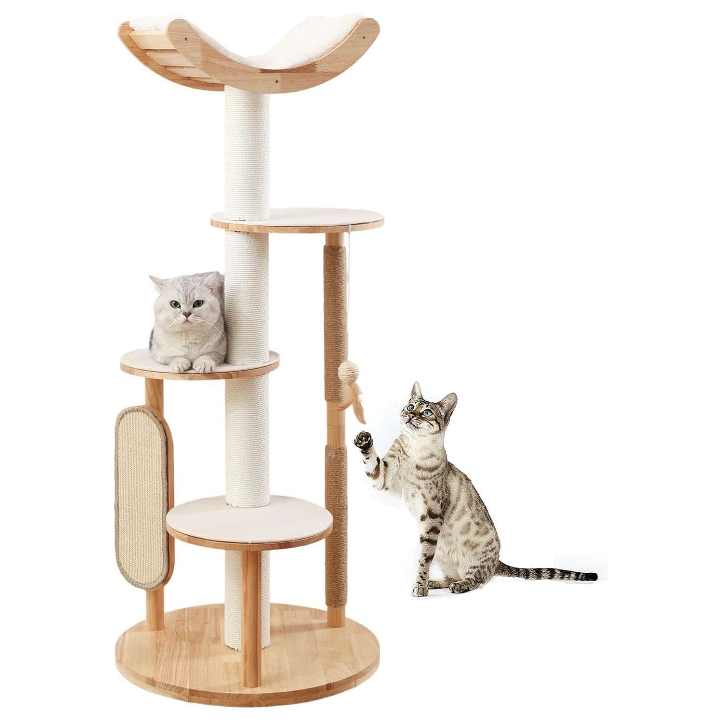 Torre rascador de roble macizo de 140 cm. Diseño moderno, estabilidad sólida y escalones antideslizantes para gatos grandes.
