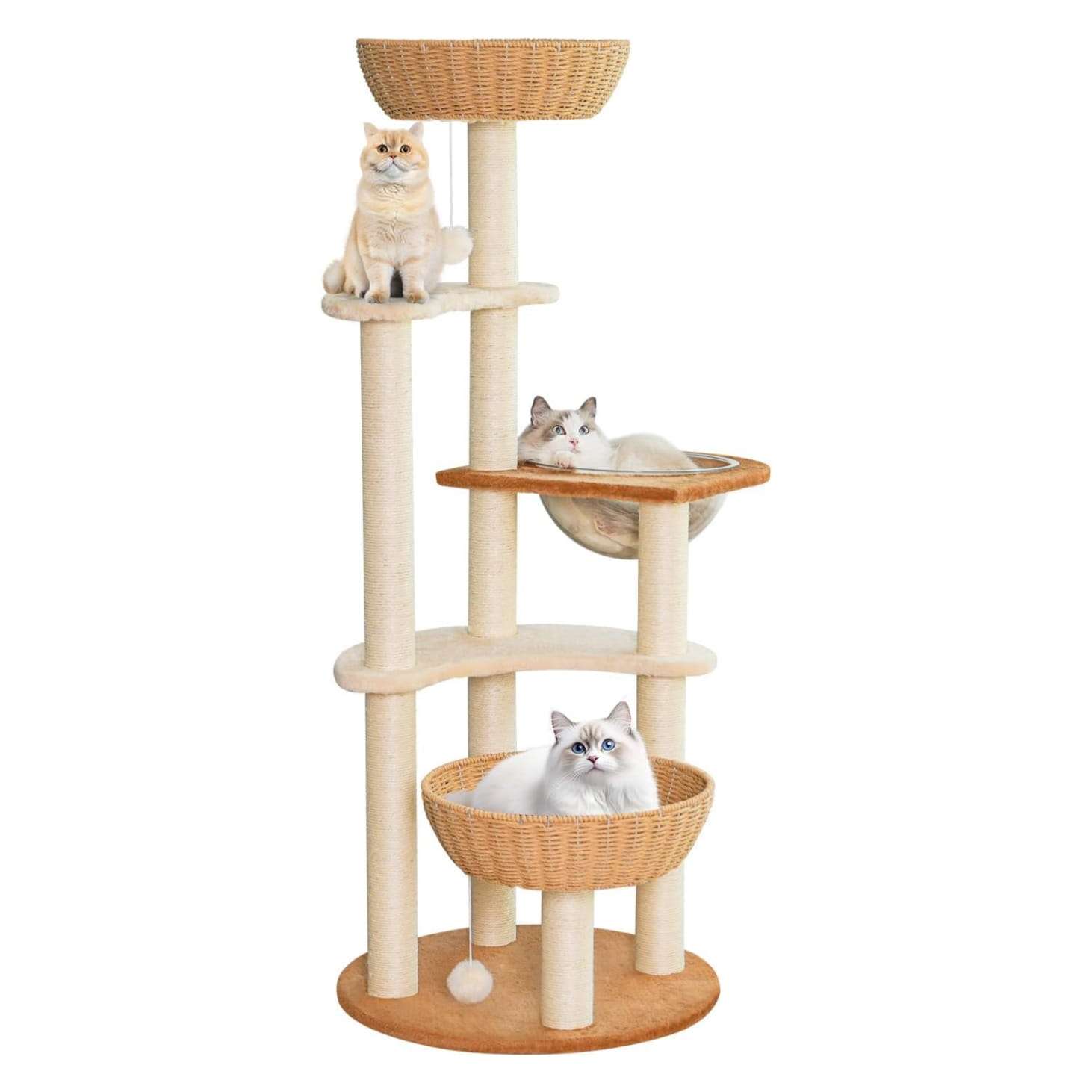 Torre rascador de lujo (141 cm) con base 53x53 cm, vaina espacial, nido tejido y sisal natural. Estabilidad anti-sacudidas para gatos grandes y múltiples.