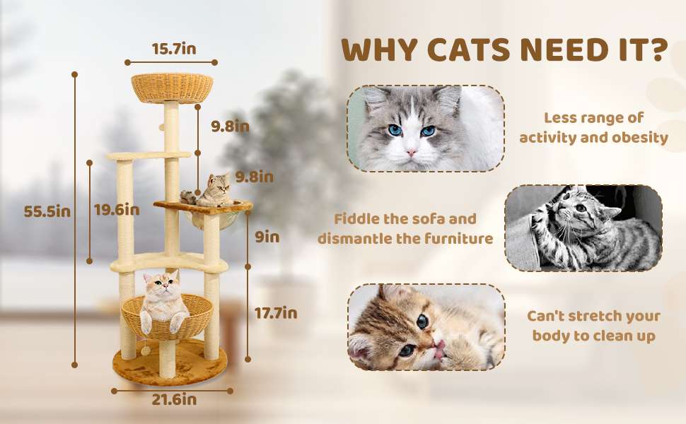 Torre rascador de lujo (141 cm) con base 53x53 cm, vaina espacial, nido tejido y sisal natural. Estabilidad anti-sacudidas para gatos grandes y múltiples.