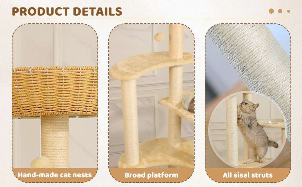 Torre rascador de lujo (141 cm) con base 53x53 cm, vaina espacial, nido tejido y sisal natural. Estabilidad anti-sacudidas para gatos grandes y múltiples.