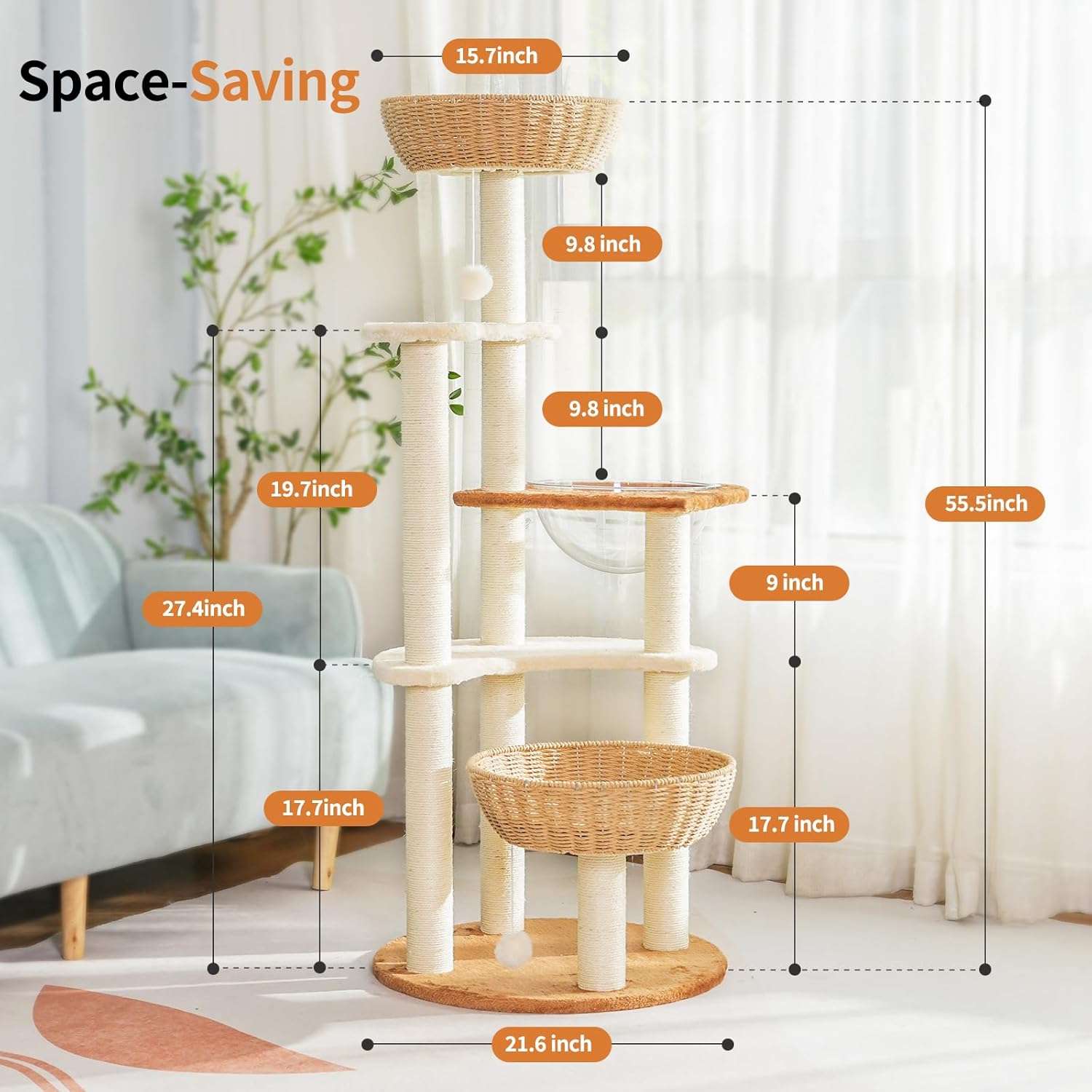 Torre rascador de lujo (141 cm) con base 53x53 cm, vaina espacial, nido tejido y sisal natural. Estabilidad anti-sacudidas para gatos grandes y múltiples.