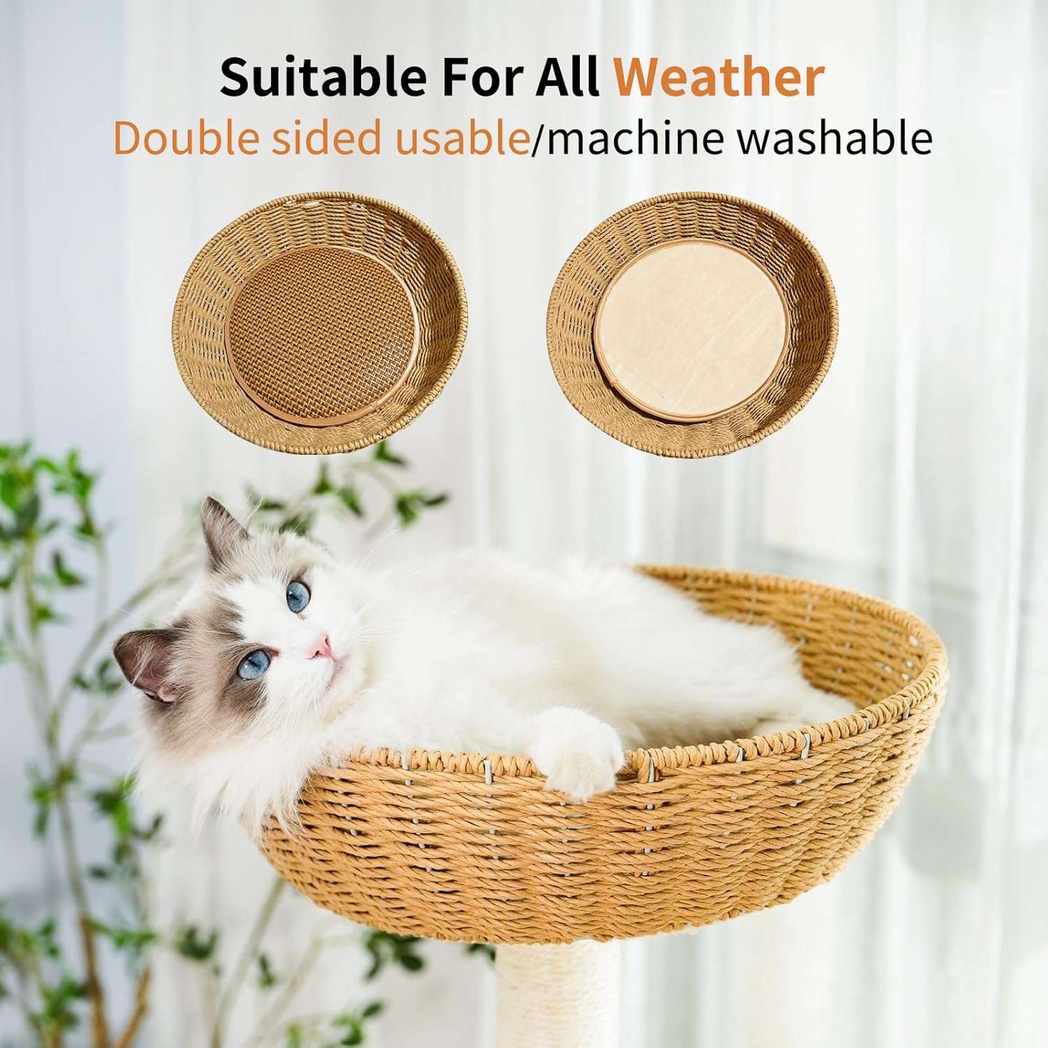 Torre rascador de lujo (141 cm) con base 53x53 cm, vaina espacial, nido tejido y sisal natural. Estabilidad anti-sacudidas para gatos grandes y múltiples.