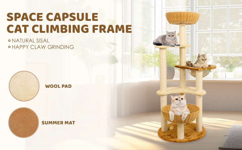 Torre rascador de lujo (141 cm) con base 53x53 cm, vaina espacial, nido tejido y sisal natural. Estabilidad anti-sacudidas para gatos grandes y múltiples.