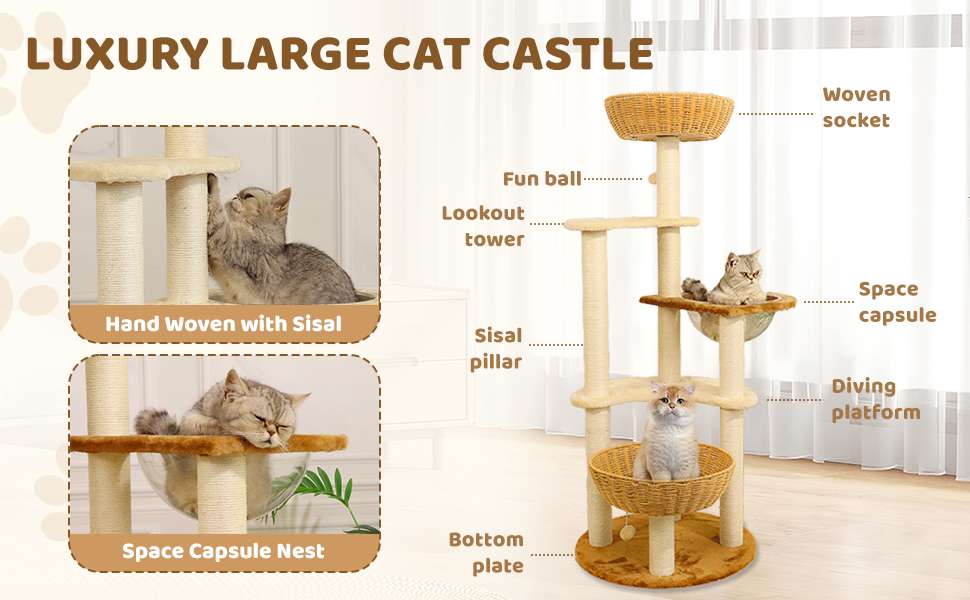 Torre rascador de lujo (141 cm) con base 53x53 cm, vaina espacial, nido tejido y sisal natural. Estabilidad anti-sacudidas para gatos grandes y múltiples.