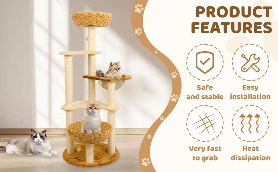 Torre rascador de lujo (141 cm) con base 53x53 cm, vaina espacial, nido tejido y sisal natural. Estabilidad anti-sacudidas para gatos grandes y múltiples.