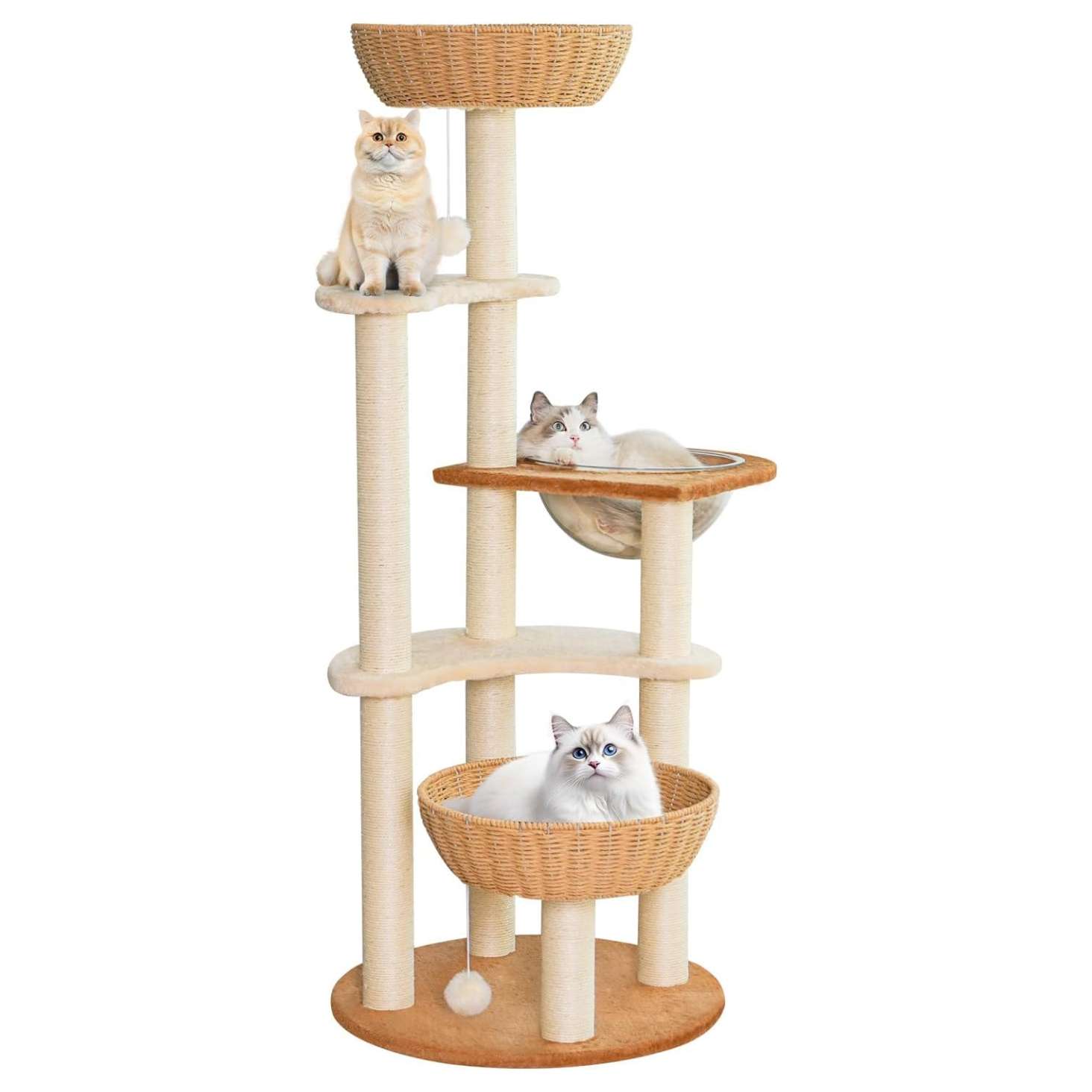 Torre rascador de lujo (141 cm) con base 53x53 cm, vaina espacial, nido tejido y sisal natural. Estabilidad anti-sacudidas para gatos grandes y múltiples.