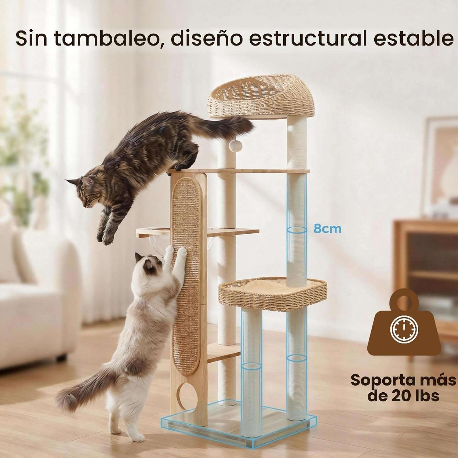 Torre Rascador de Madera (150x51x41 cm): Cápsula Espacial y Estabilidad Total para Gatos Grandes - Imagen 7