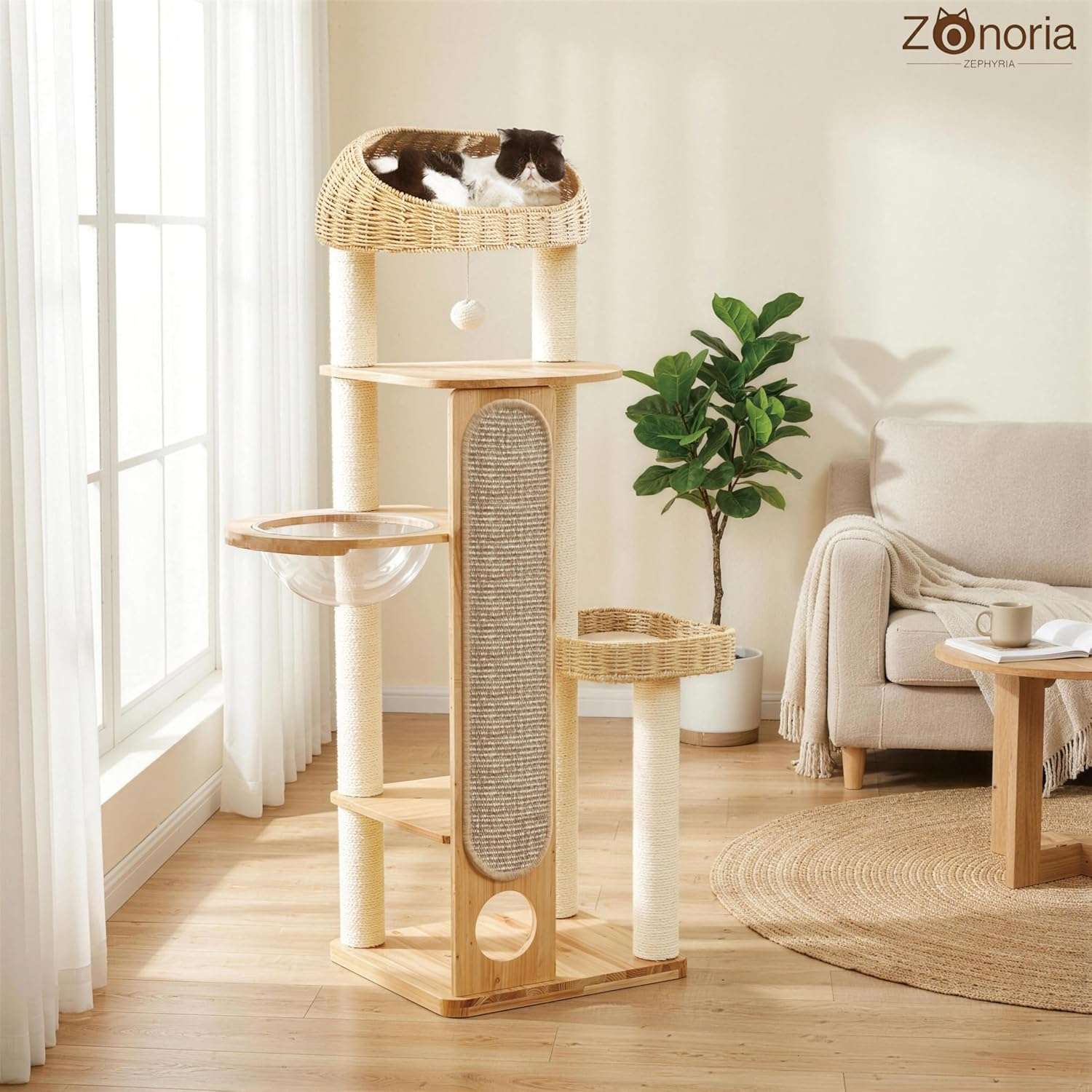 Torre rascador de madera (150 cm) con cápsula espacial y canasta de bambú. Postes gruesos y estabilidad total para gatos grandes.