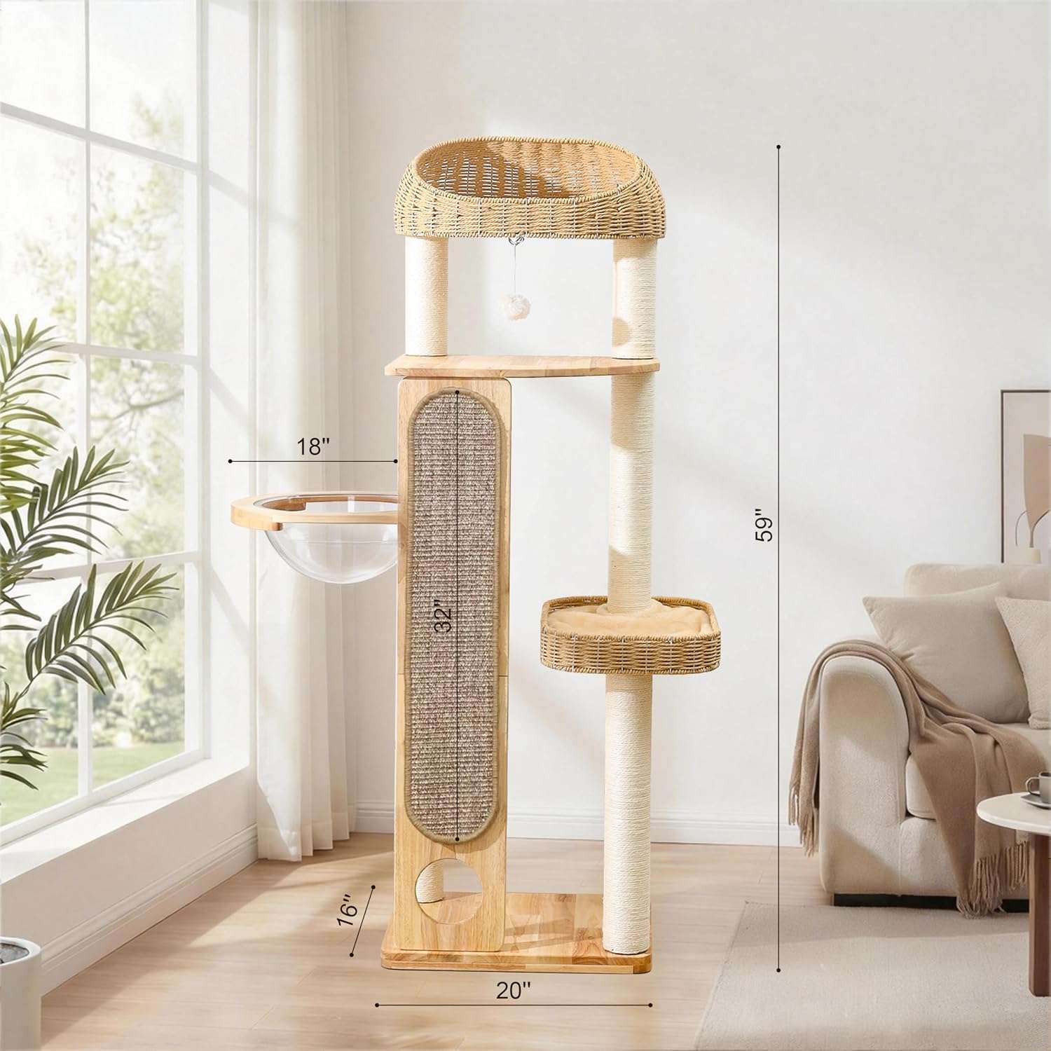 Torre rascador de madera (150 cm) con cápsula espacial y canasta de bambú. Postes gruesos y estabilidad total para gatos grandes.