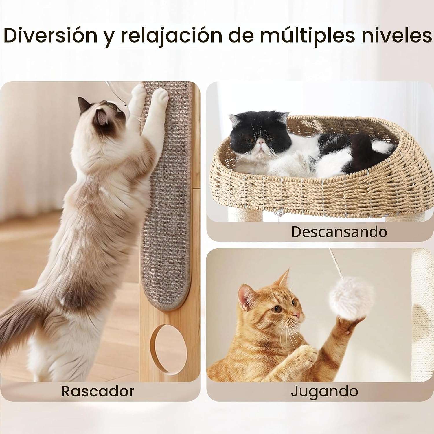 Torre rascador de madera (150 cm) con cápsula espacial y canasta de bambú. Postes gruesos y estabilidad total para gatos grandes.