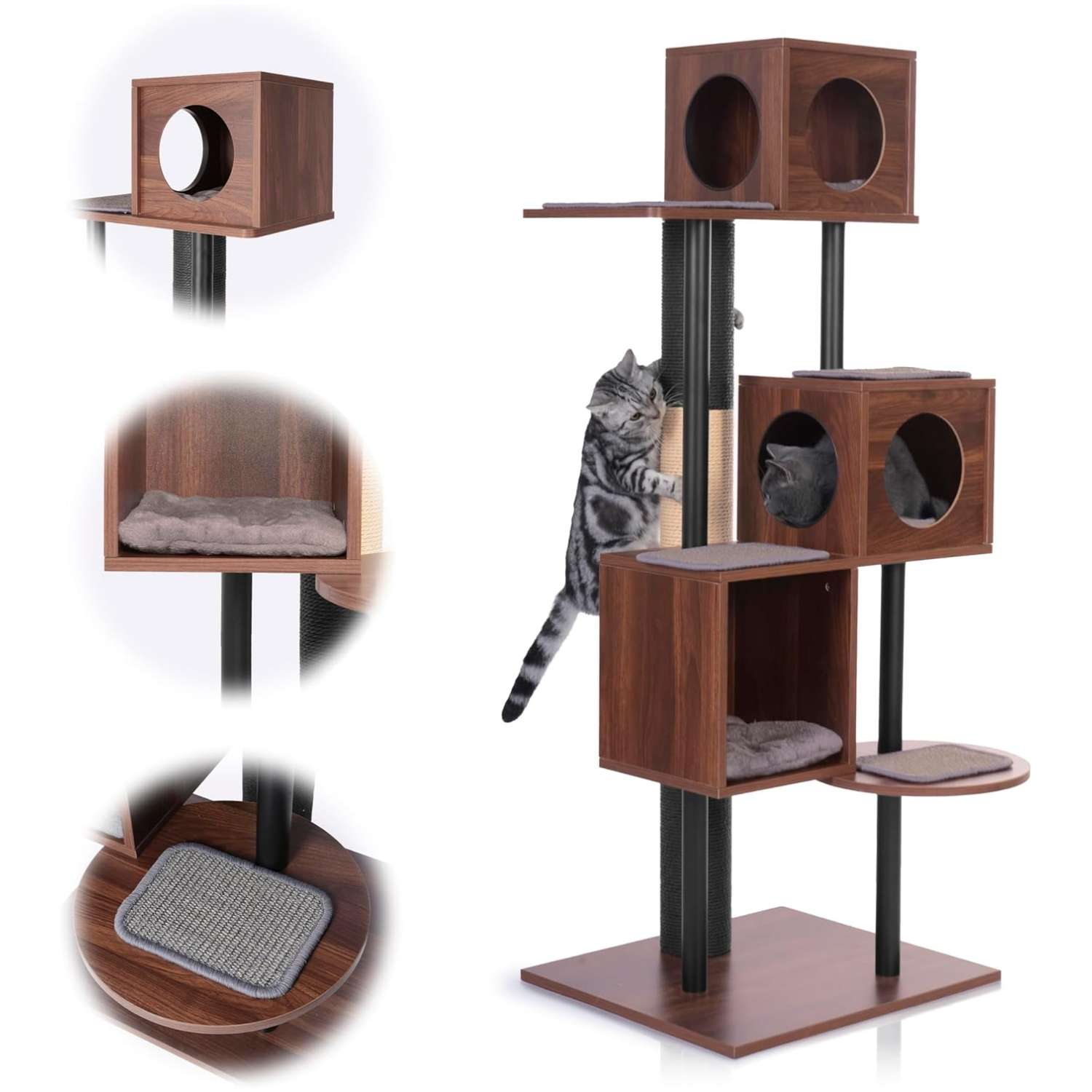 Torre rascador de madera (ciento cincuenta y uno centimetros). Diseño elegante con tres condominios para gatos activos.