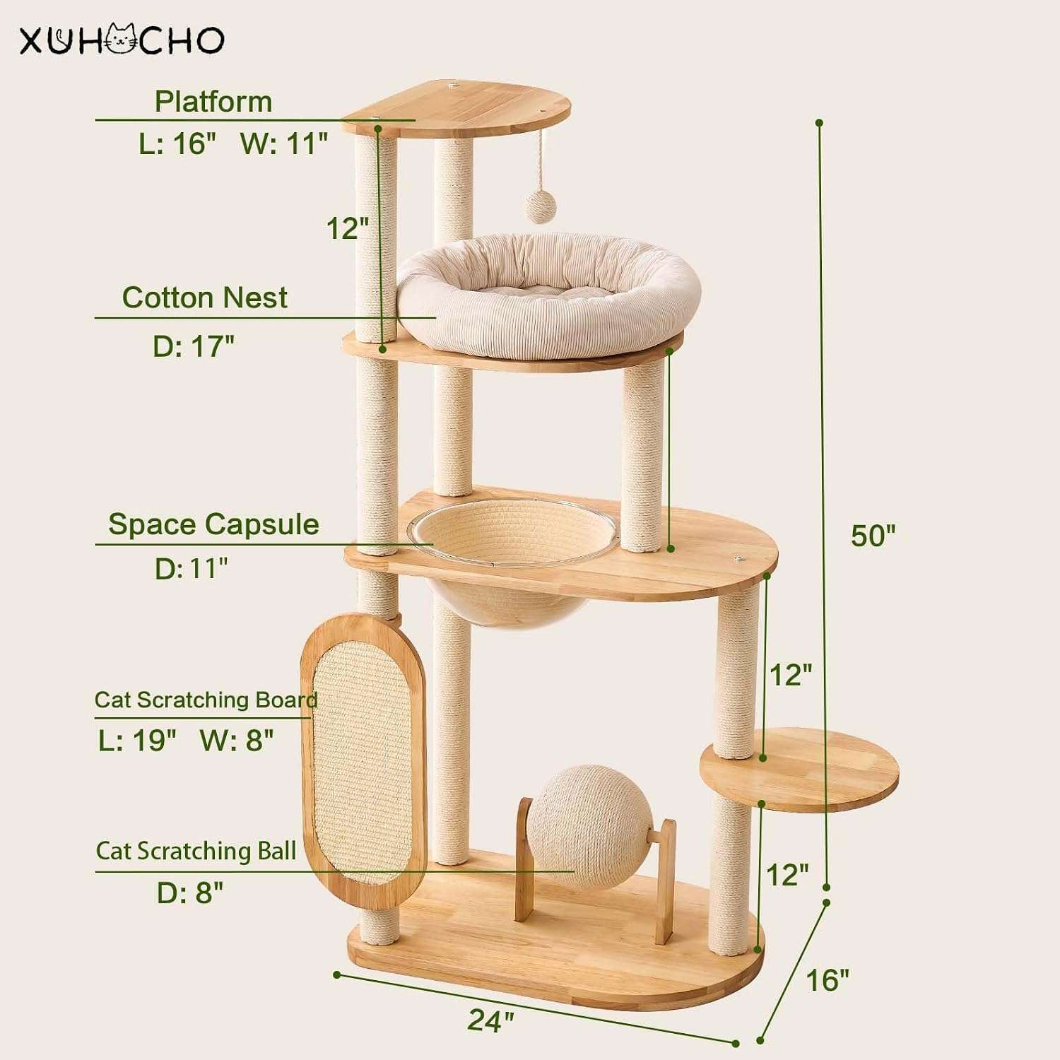 Torre rascador de madera maciza (ciento veintisiete centimetros). Diseño escalera, capsula espacial y cojines lavables.