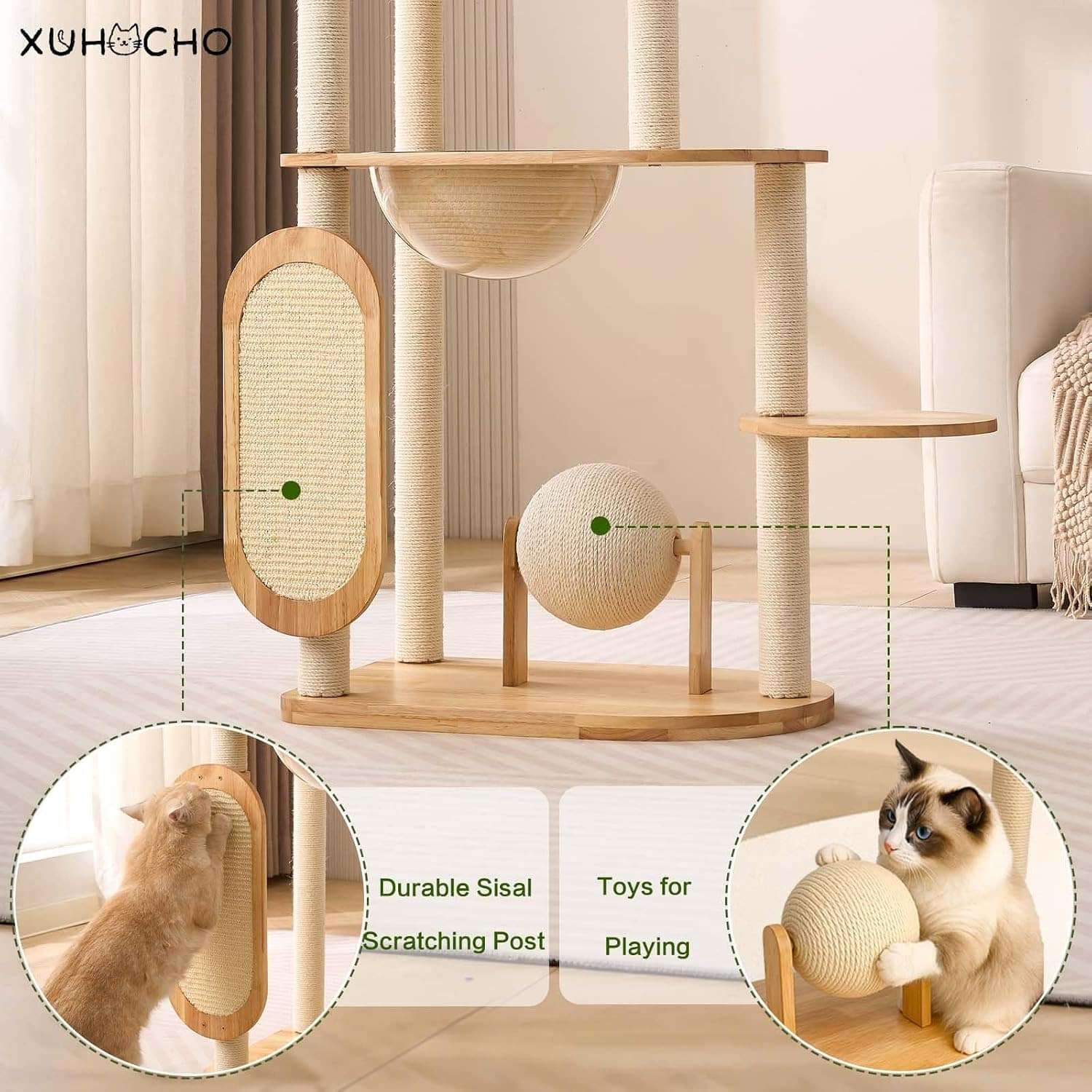 Torre rascador de madera maciza (ciento veintisiete centimetros). Diseño escalera, capsula espacial y cojines lavables.