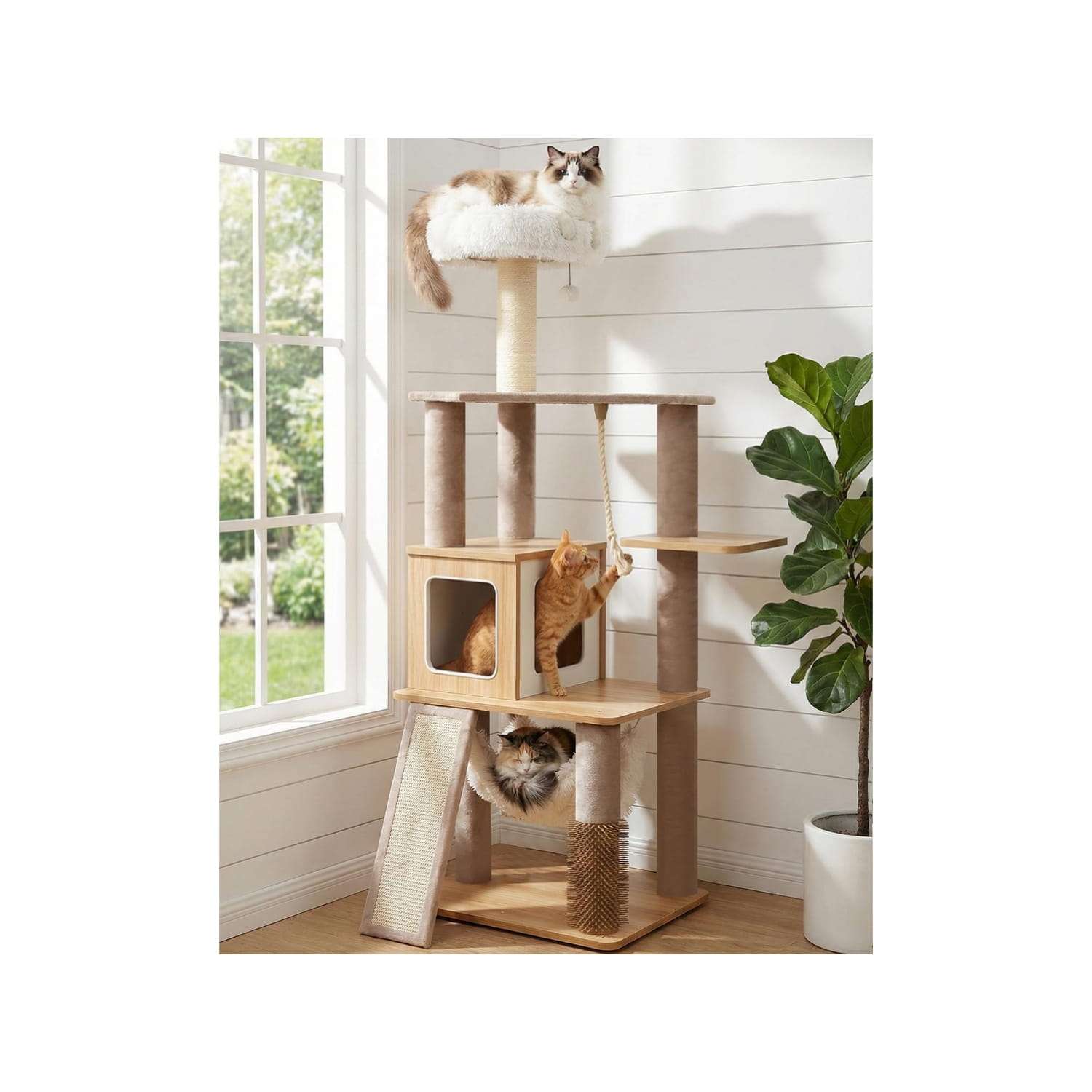 Torre rascador de madera nordica de 155 cm. Base 60 por 45 cm. Percha extragrande y estabilidad total para varios gatos.